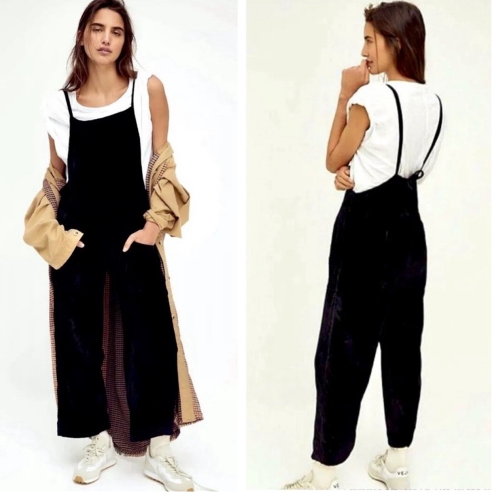 Free People Weekender Black Velvet Overalls NWT